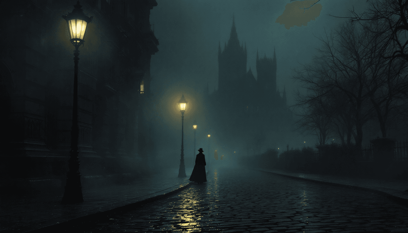 AI generated: A foggy cobblestone street in 1890s Vienna at night, dimly lit by a single flickering gas lamp. The ...