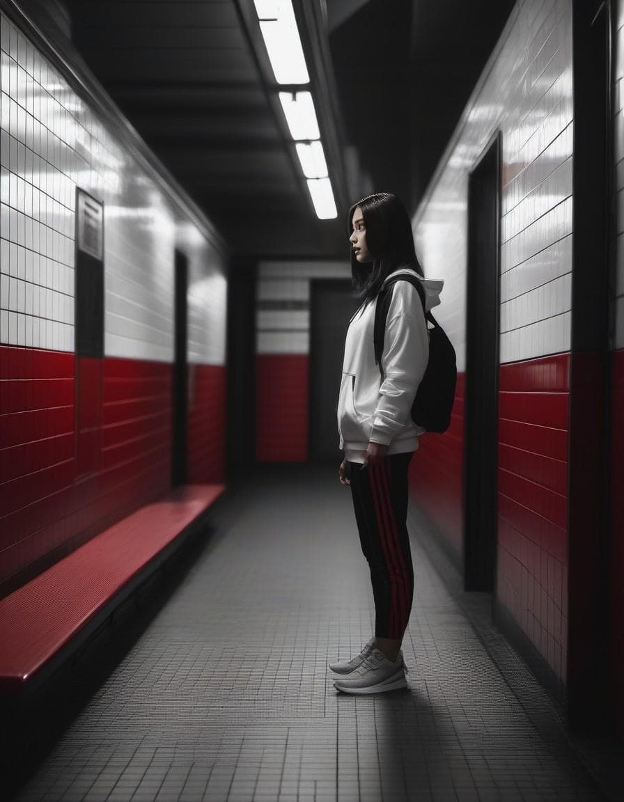 AI generated: conceptual phtography, Canon EOS-1D Mark III, aperture of f/5.6, crimson hoodied and crop pants with...