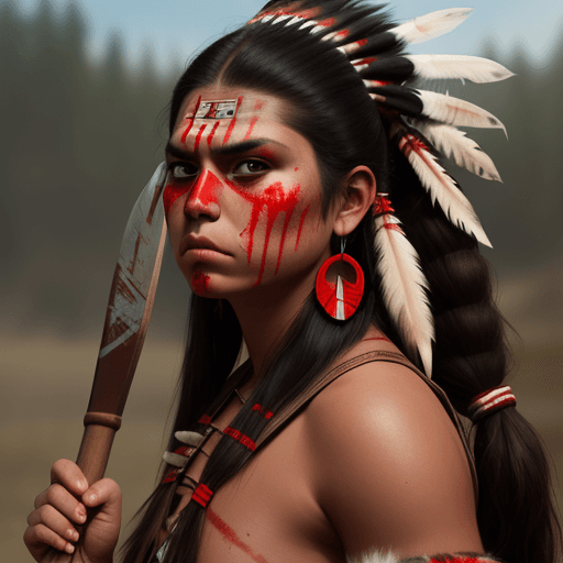 AI generated: A young angry American Indian princess holds a tomahawk in her hand, 8k, red face warpaint, hd,