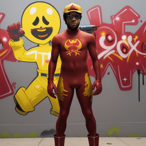 AI generated: DONALD GLOVER IN A RED SPANDEX SUIT, WITH YELLOW GLOVES AND BOOTS , SUNGLASSES AND RED BACKWARDS CAP...