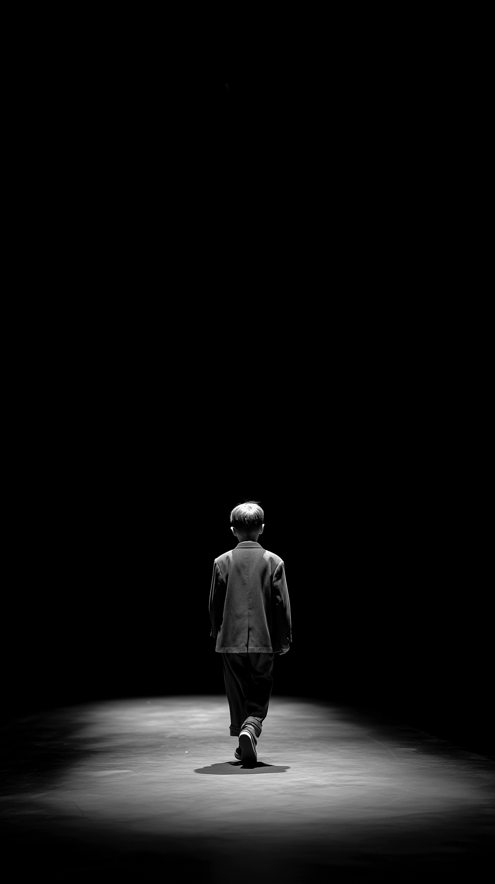 AI generated: high resolution photography, dramatic noir, solitary boy, monochromatic, long full-shot, front centr...