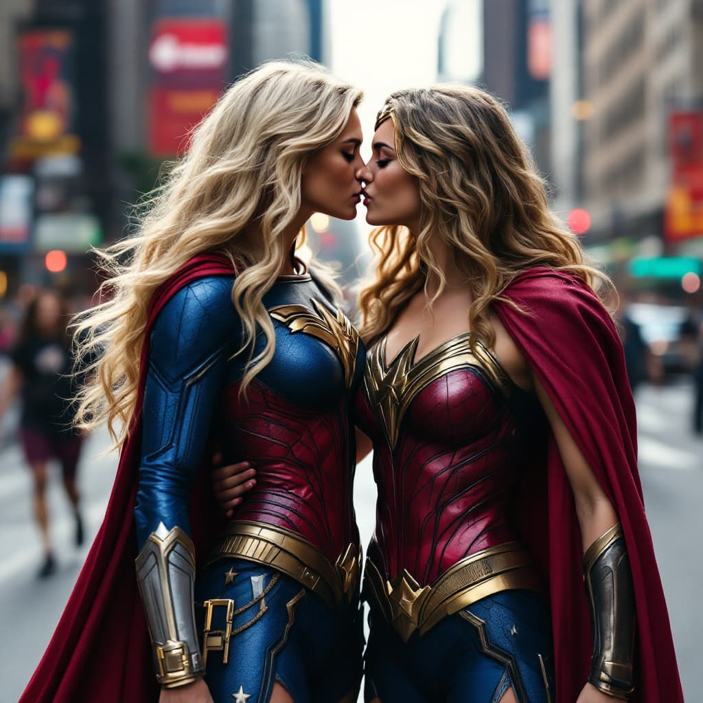 AI generated: High resolution photography full body blonde supergirl and wonder woman embracing and kissing on a c...