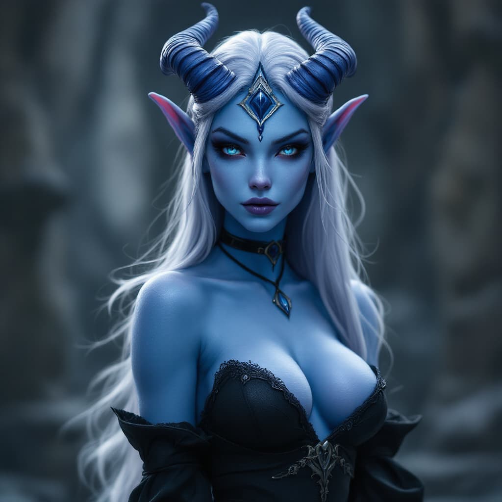 AI generated: Gorgeous Draenei from World of Warcraft, beautiful, light blue skin, full body, alluring attire, blu...