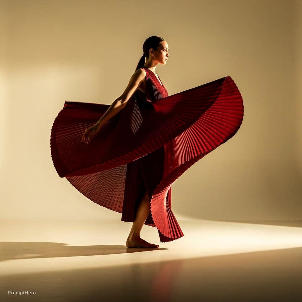 AI generated: A fashion photoshoot featuring a full-body shot of a model wearing a pleated deep crimson outfit by ...