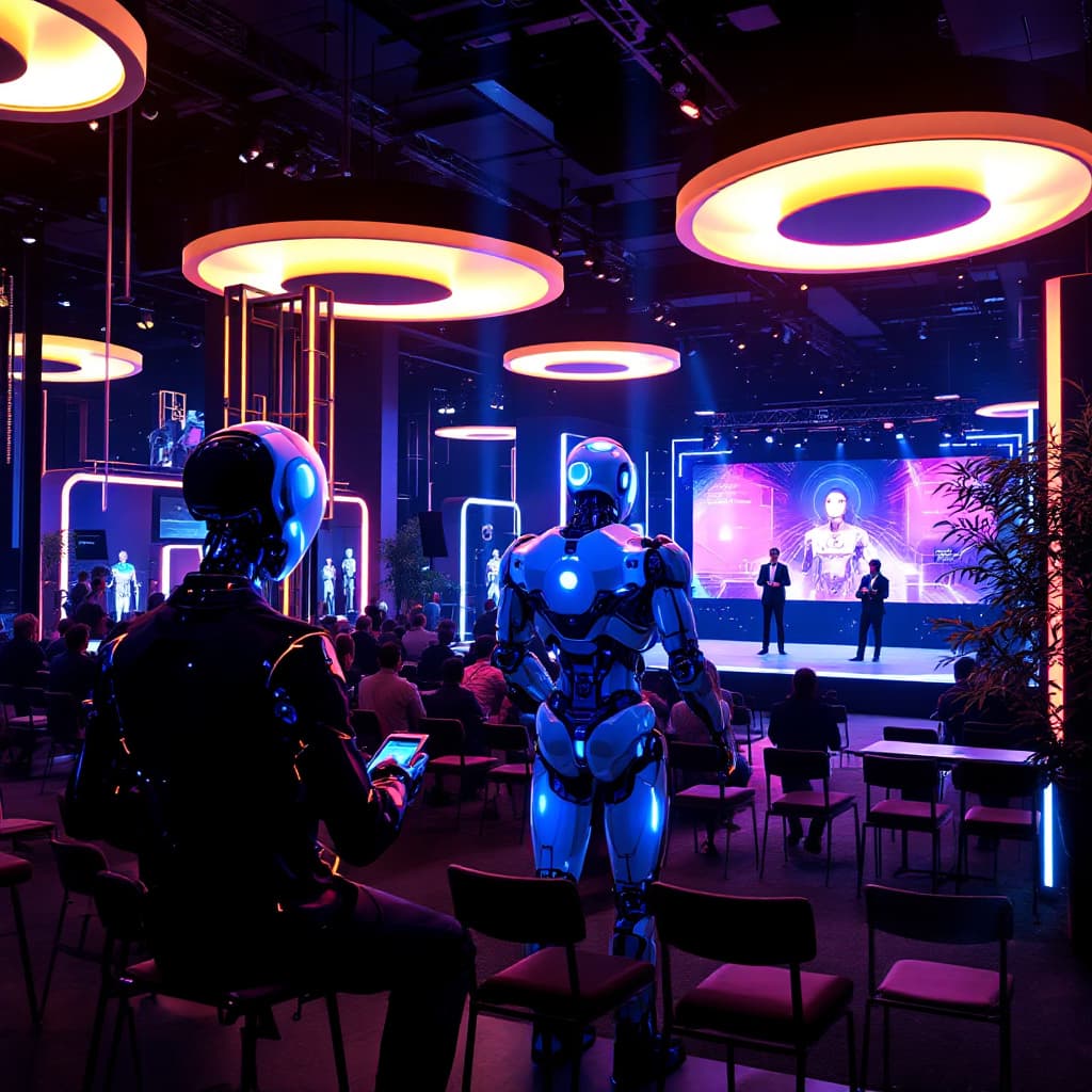AI generated: A futuristic AI conference in Silicon Valley, filled with neon-lit booths showcasing humanoid robots...