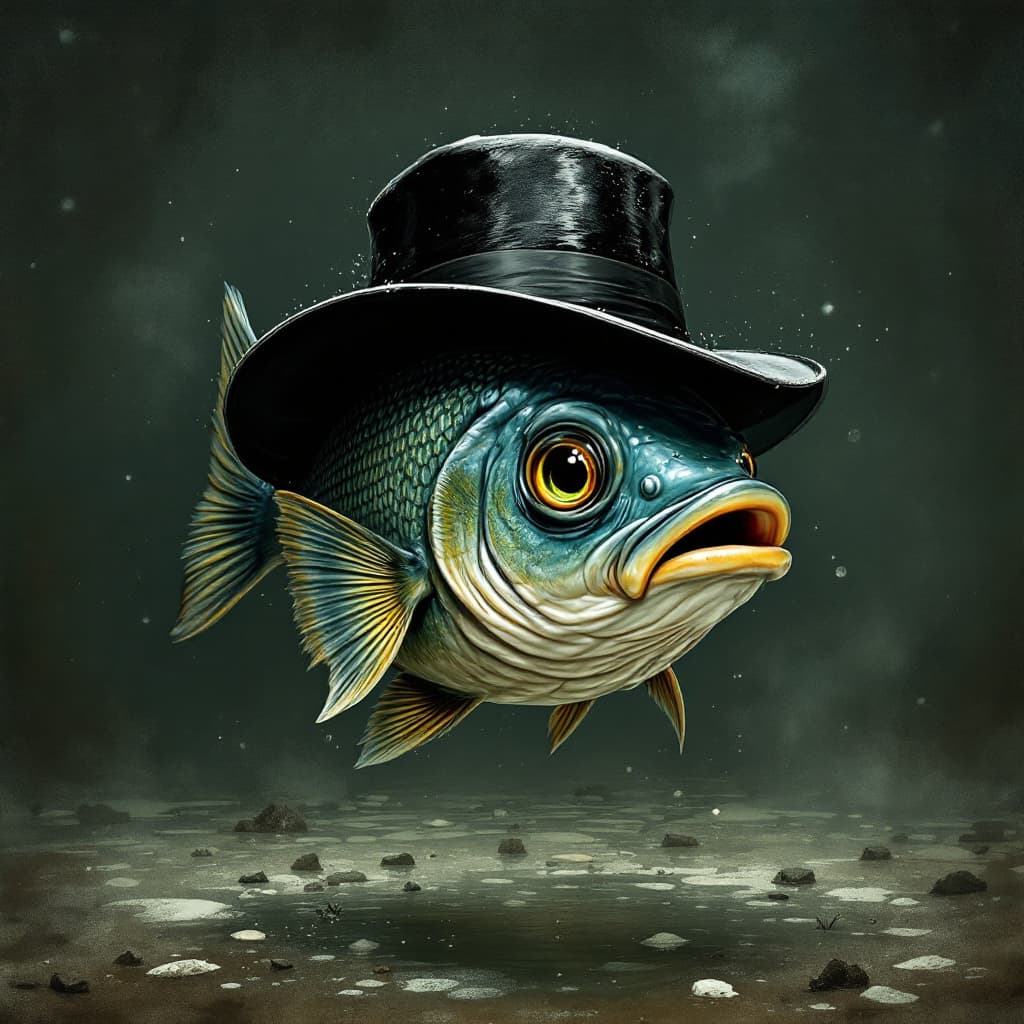 AI generated: where is a mafia fish in a hat at a showdown dressed as Tony Soprano, or created me a fish that look...