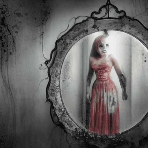 AI generated: A female ghost ((with broken doll skin1:1)) looking at her own reflection in an old mirror, splatter...
