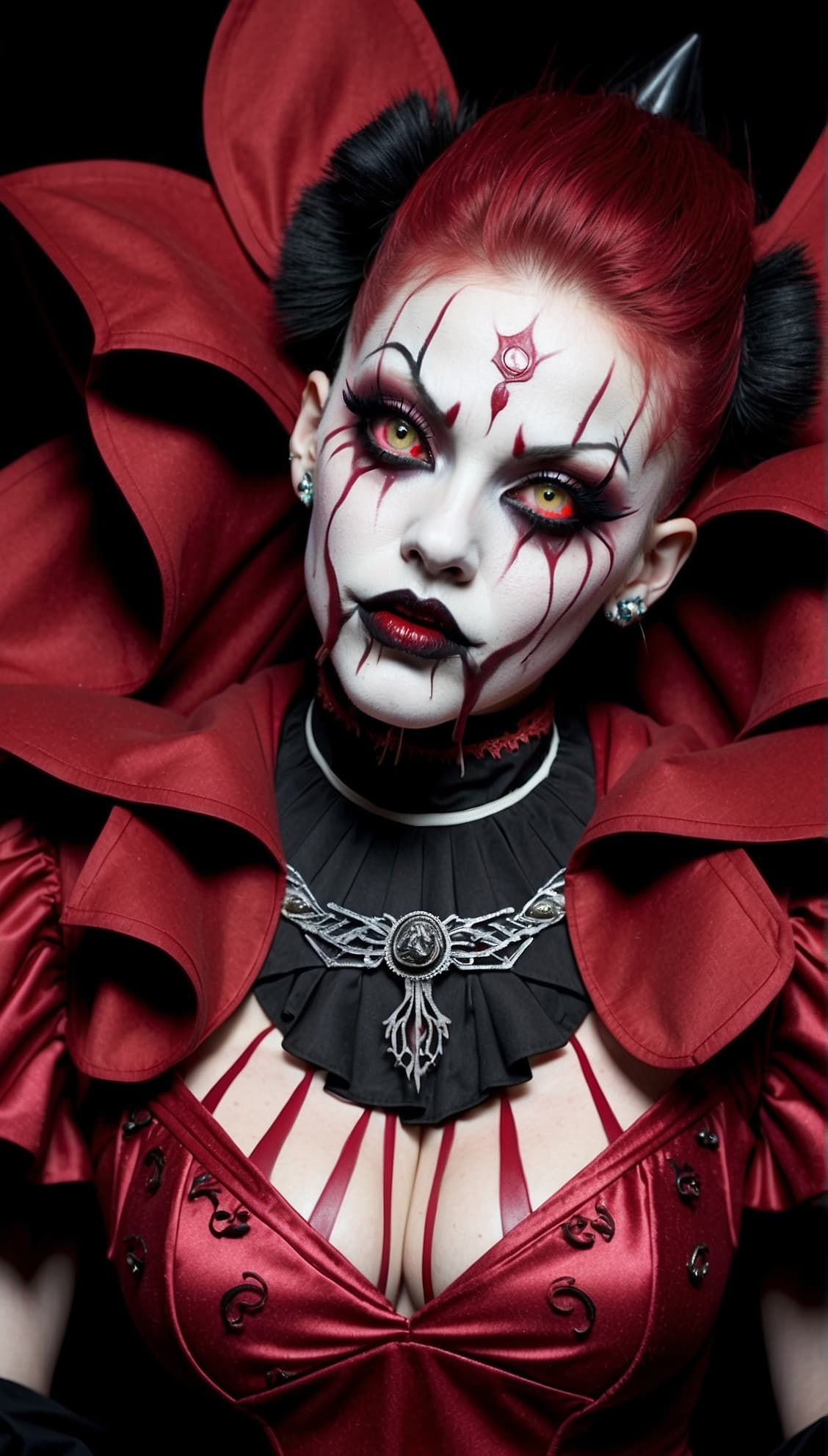 AI generated: a beautiful and evil looking woman in a costume, hotify1.2, in the style of devilcore, clownpunk, ta...
