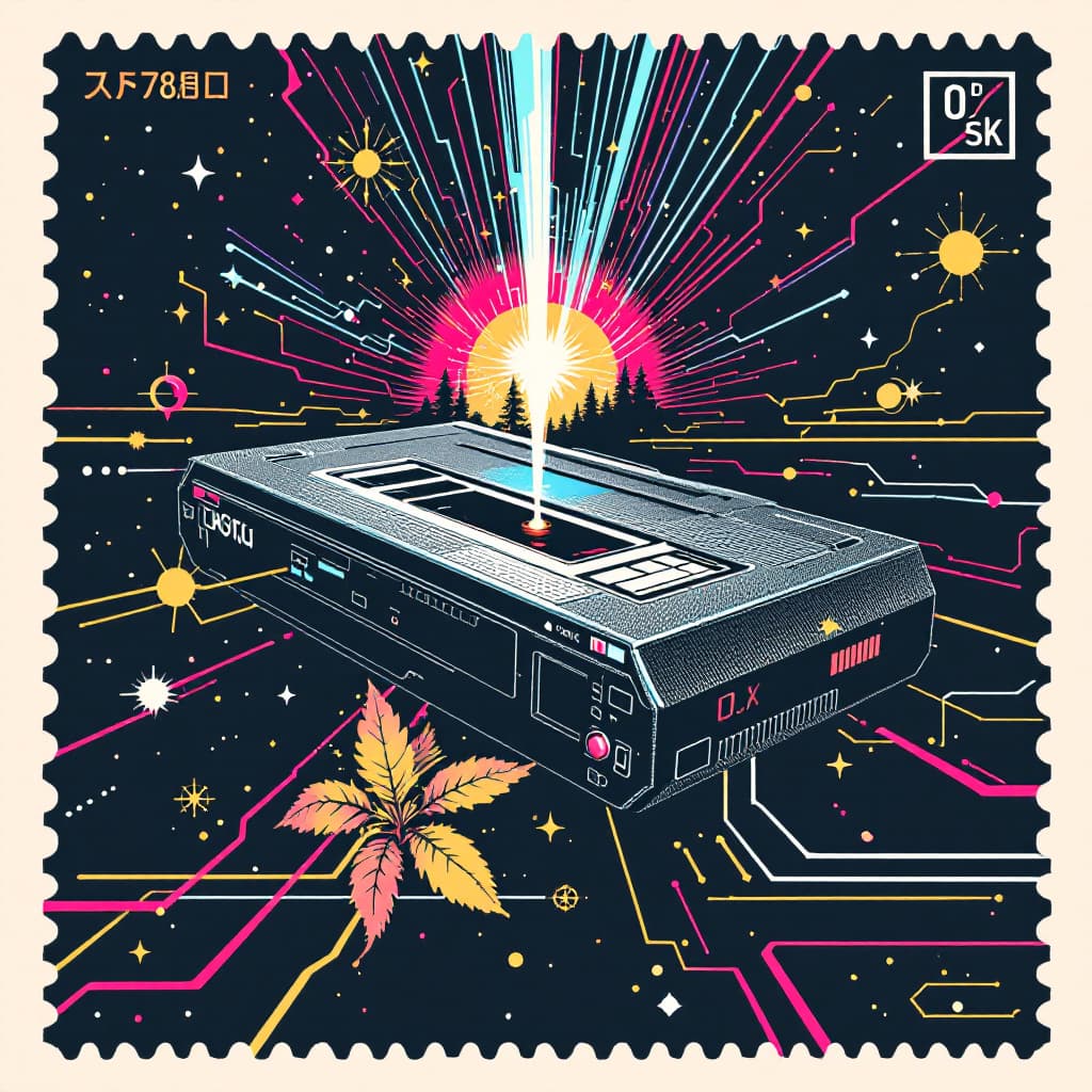 AI generated: stamp style, retro VCR player for mystical future laser solid state hard drive hardware, quantum com...