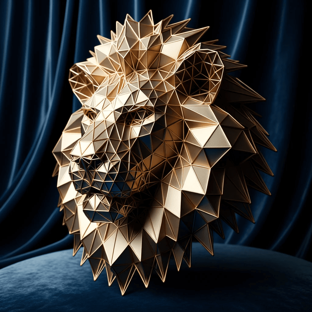 AI generated: A photo of a 3D geometric lion head sculpture, constructed from interconnected gold metallic polygon...