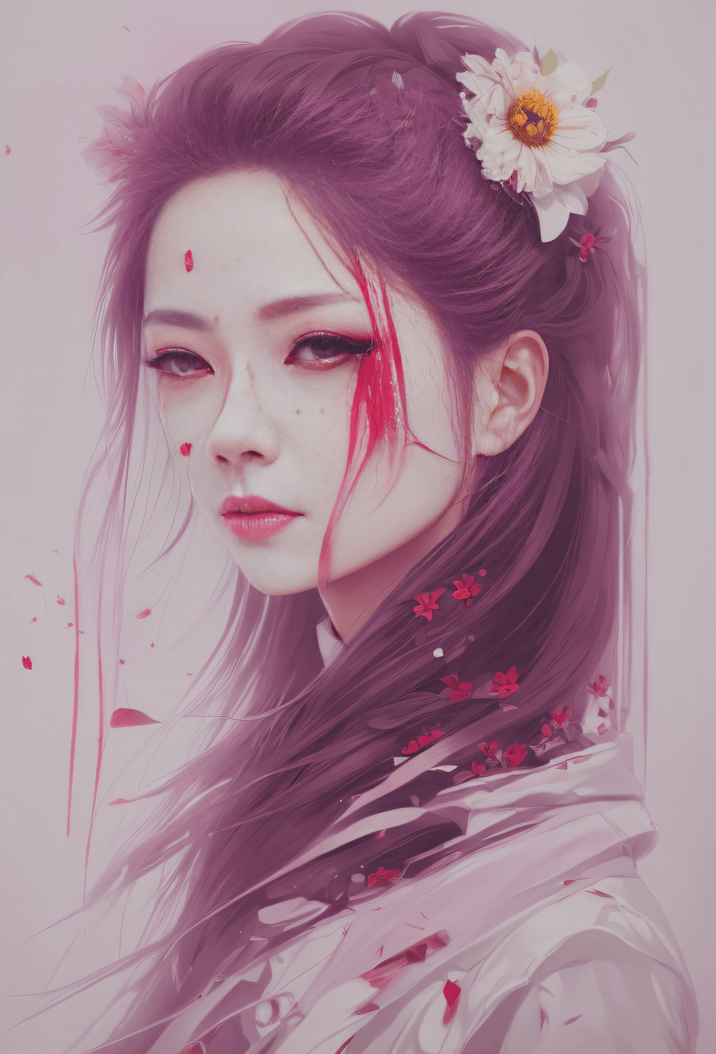 AI generated: Picture of a woman with blood on her face and a flower in her hair, rossdraws digital painting, ross...