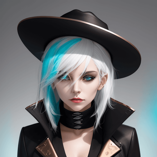 AI generated: a woman with white hair wearing a tight black jacket and a hat, in the style of mashup of styles, li...