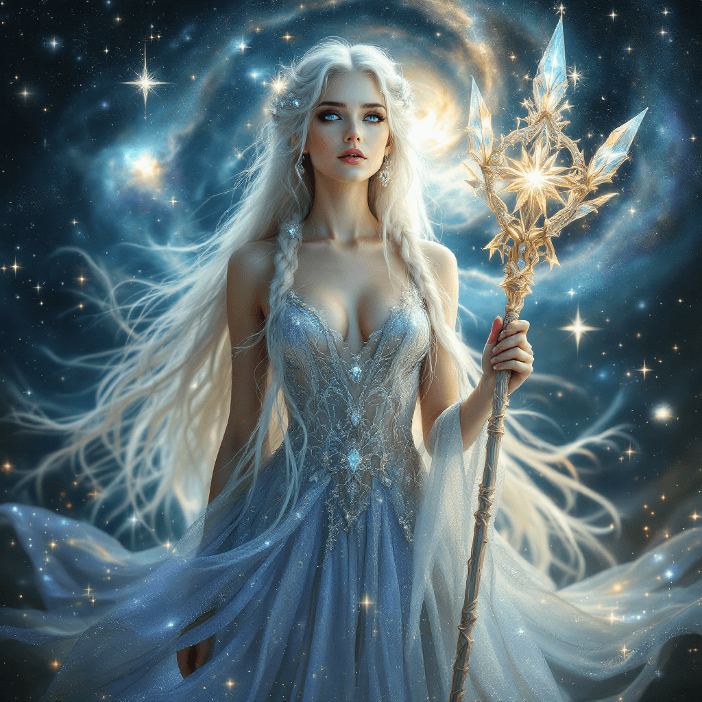 AI generated: A celestial being with long, platinum blonde hair, often styled in intricate braids adorned with shi...