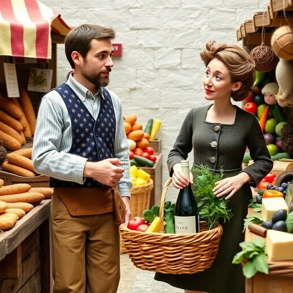 AI generated: Mr. and Mrs. Adams meander through the market, selecting the finest felt ingredients for their dinne...