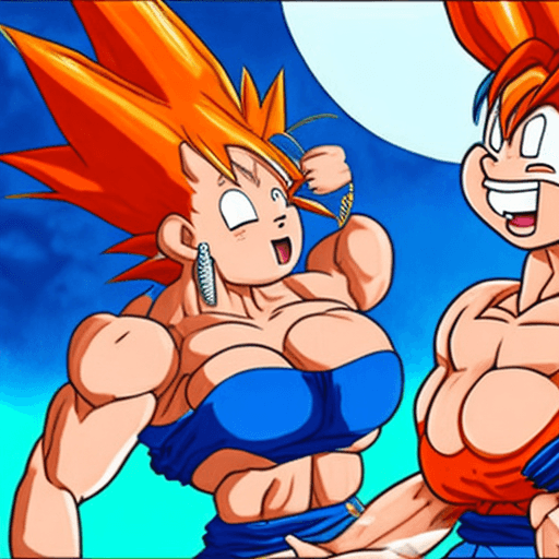 AI generated: Goku showing Bulma his huge, pulsing carrot while she looks delighted in a bikini.