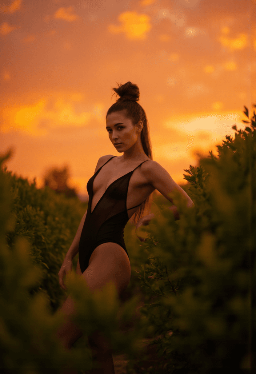 AI generated: A stunning woman poses against the vibrant backdrop of a breathtaking sunset, her long brunette hair...