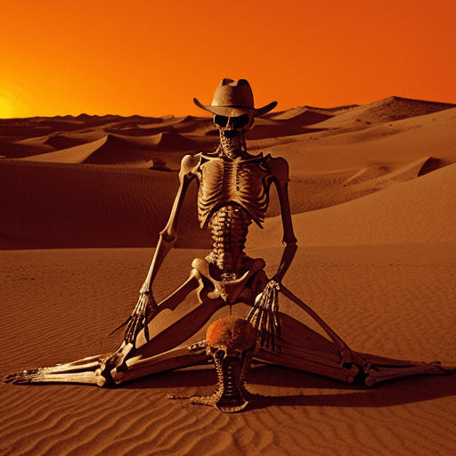 AI generated: Moebius, desert of sand and bones with an orange sky and dead dragon skeleton in the background, art...