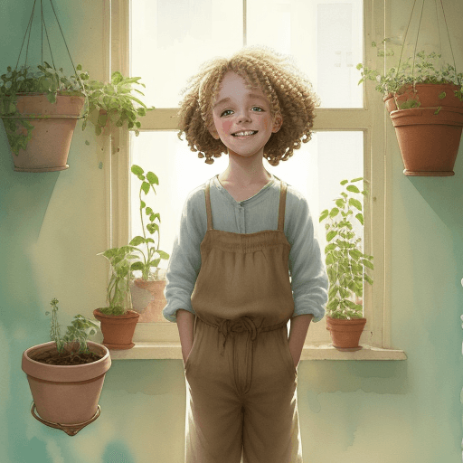 AI generated: Happy child with curly blonde hair in braids, standing next to a window and a cat, beautiful linen c...
