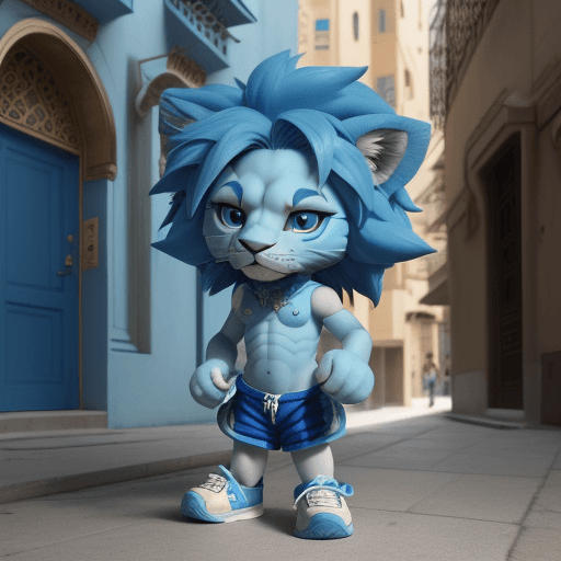 AI generated: ((Leon)), blue cartoon IP character little lion, visiting in front of Middle Eastern style building,...