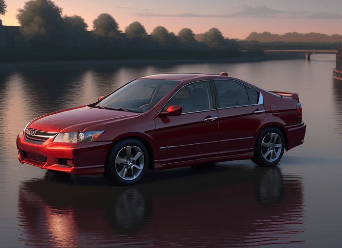 AI generated: A red honda accord 2 0 0 7 year old honda accord parked by the river bank, on a beautiful riverfront...