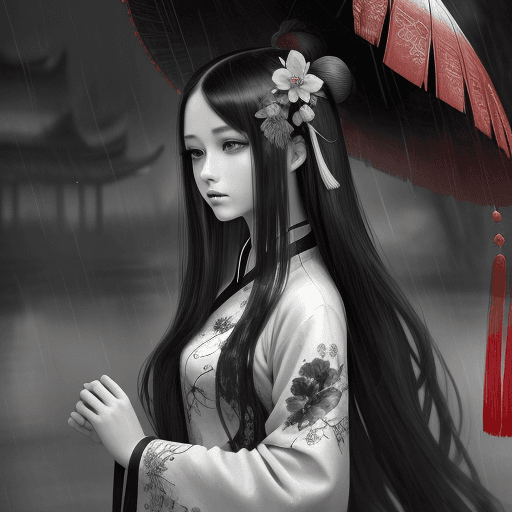 AI generated: dramatic angle,(fluttered detailed ink splashs), (illustration),(((1 girl))),(long hair),(rain:0.6），...