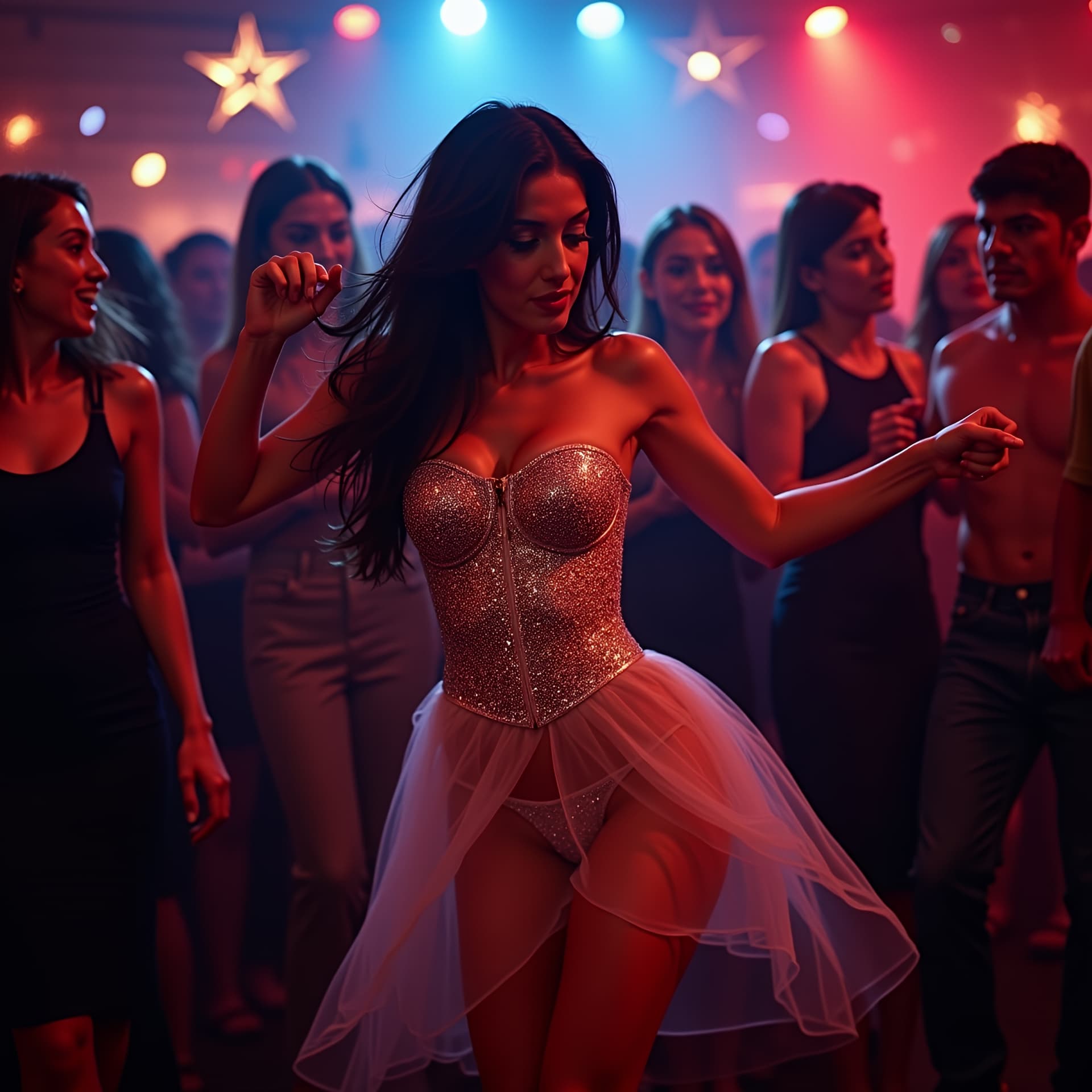 AI generated: Model dances with friends in the middle of a packed dancefloor, wearing a strapless glitter corset a...