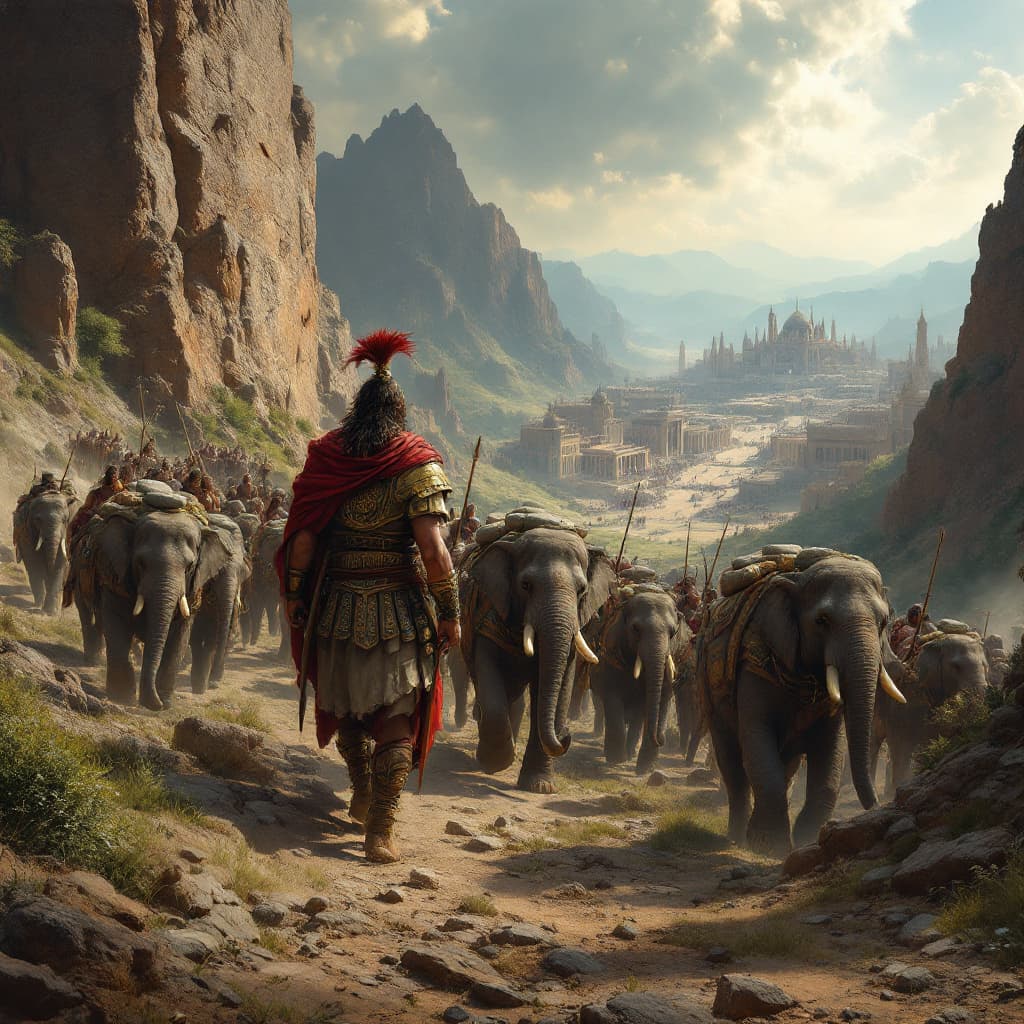 AI generated: An illustration of Hannibal  the Carthaginian general walking through the mountains  with his army t...