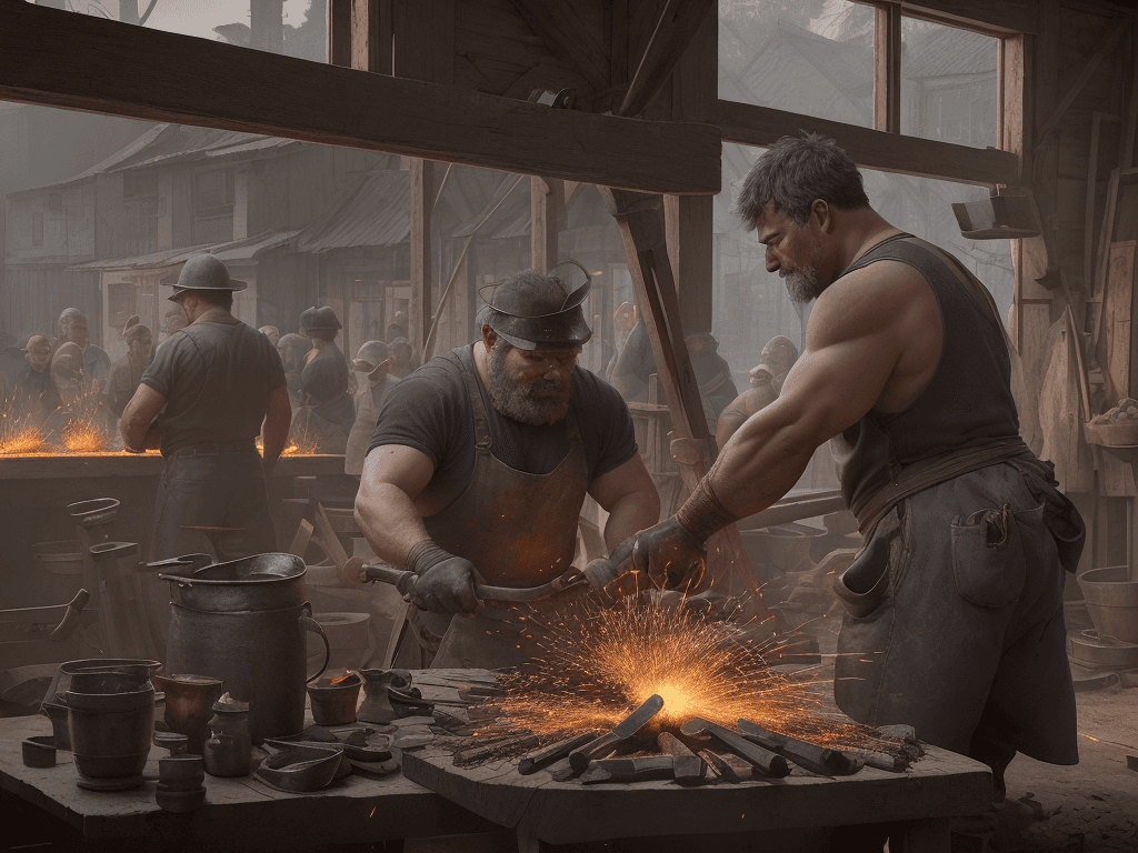 AI generated: In the heart of a bustling provincial village, a blacksmith, callused and powerful, hammers away at ...