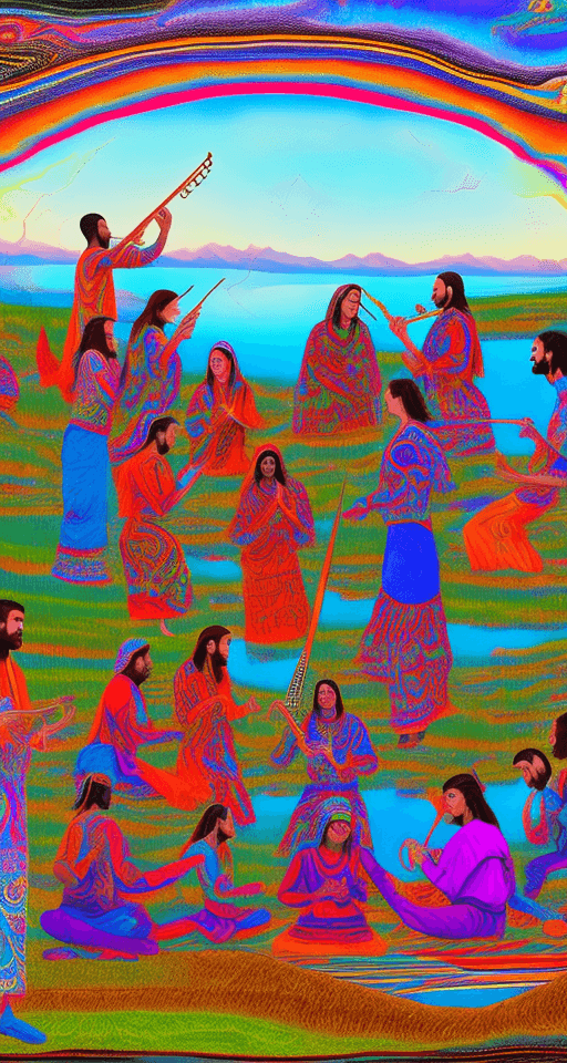 AI generated: Psychedelic group of people men and spiritual women near lake in Georgia. Some people play on musica...