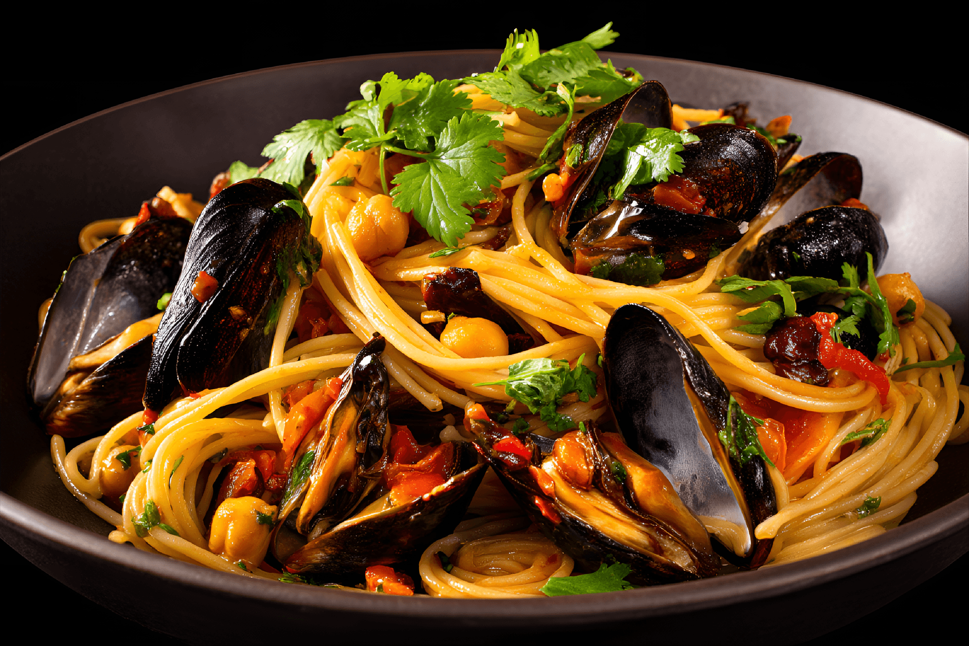 AI generated: arge, dark brown bowl filled with a hearty seafood pasta dish.  The pasta is spaghetti, light golden...