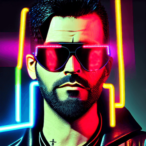 AI generated: cyberpunk, priest, man wearing leather coat and aviator sunglasses, look into you, black short hair,...