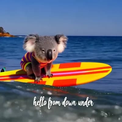 AI generated video: A koala bear and a candy striped surfboard surfing the high waves down in the Australian warm waters...