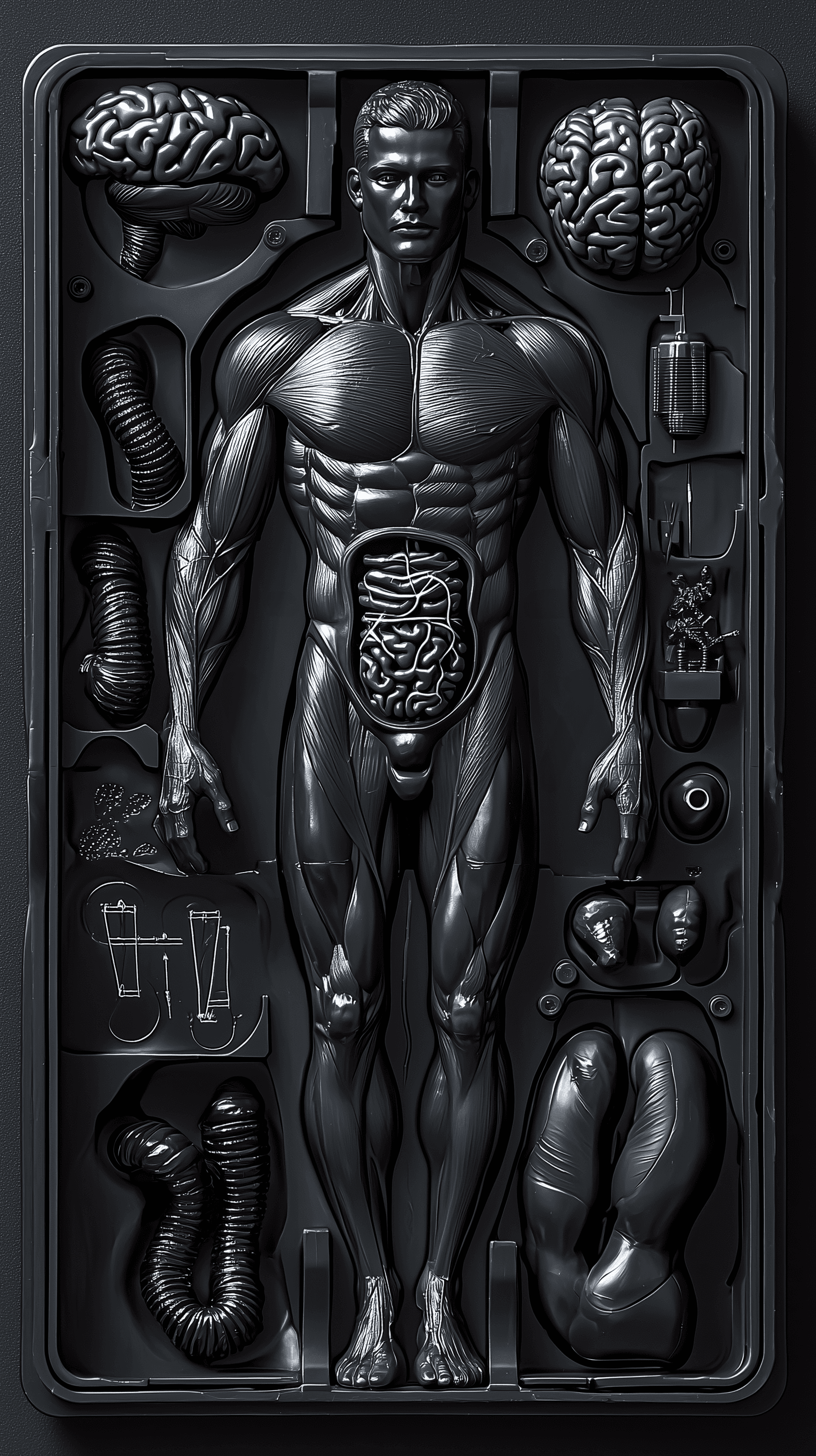 AI generated: generate an image of a black color plastic modeling kit, anatomy-themed, including a male body figur...