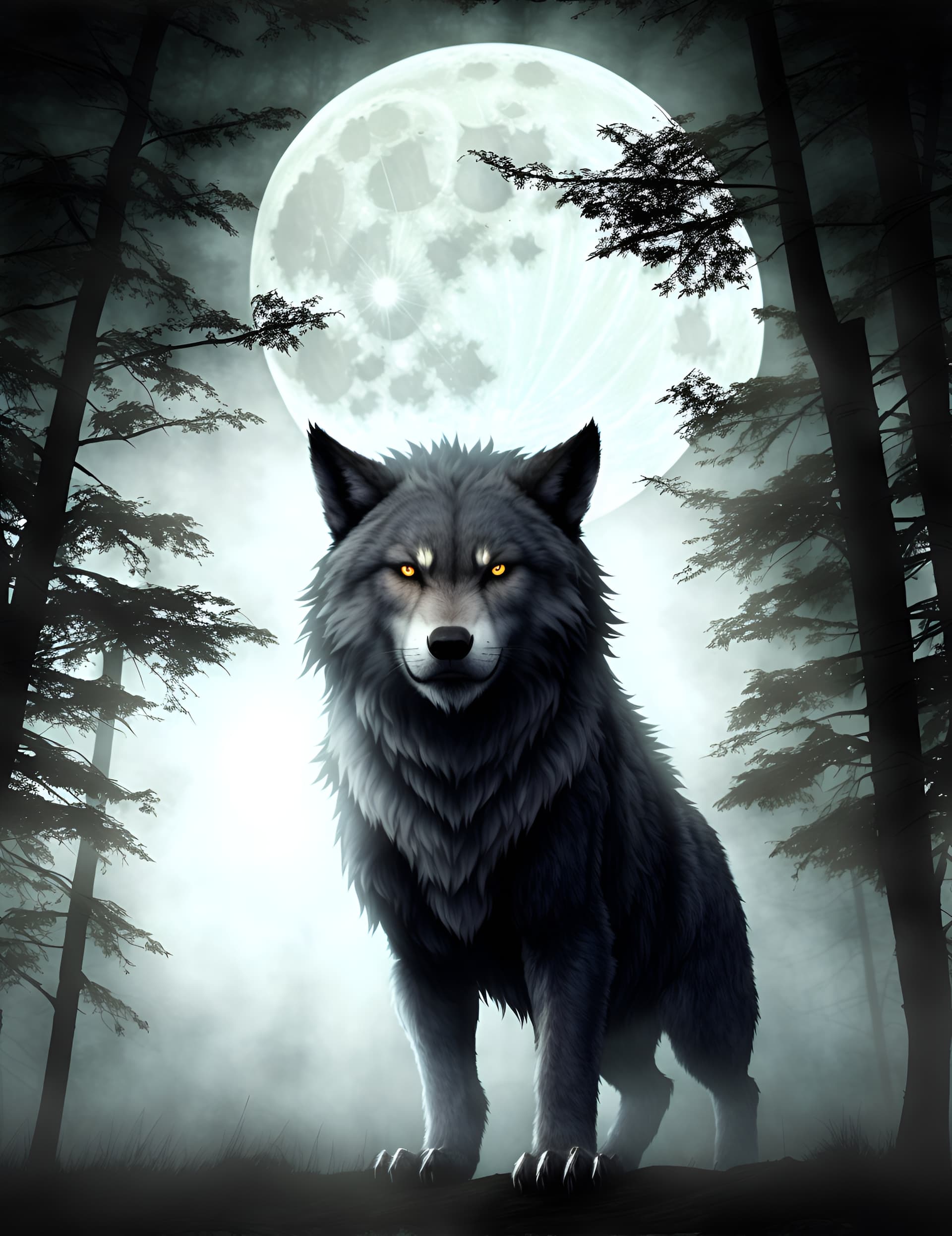 AI generated: As the full moon rises above the dark and foggy forest, a majestic werewolf stands tall, its fur gli...