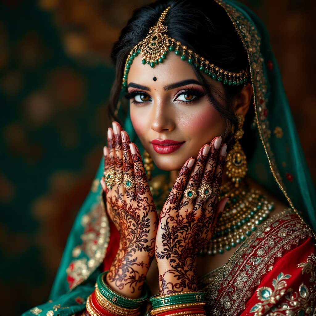 AI generated: a beautiful Indian bride in traditional wear with henna covering her hands, in the style of light re...