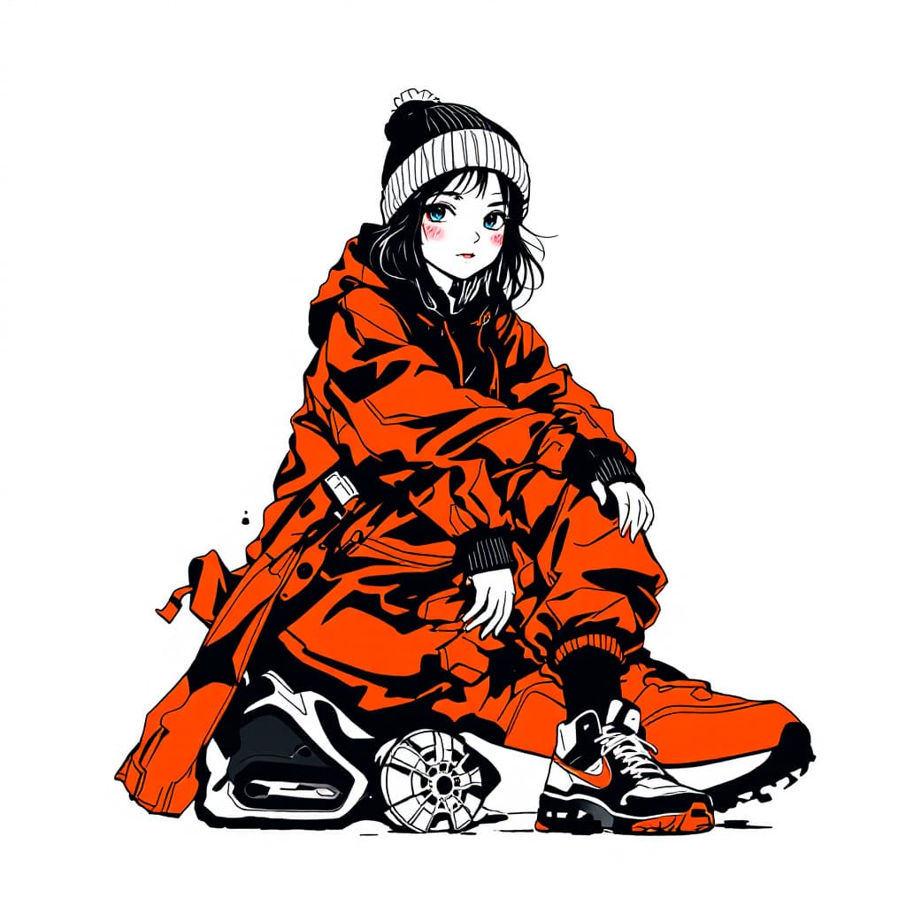 AI generated: In the image, there is a girl sitting on top of a pair of sneakers in an anime drawing style. The ar...
