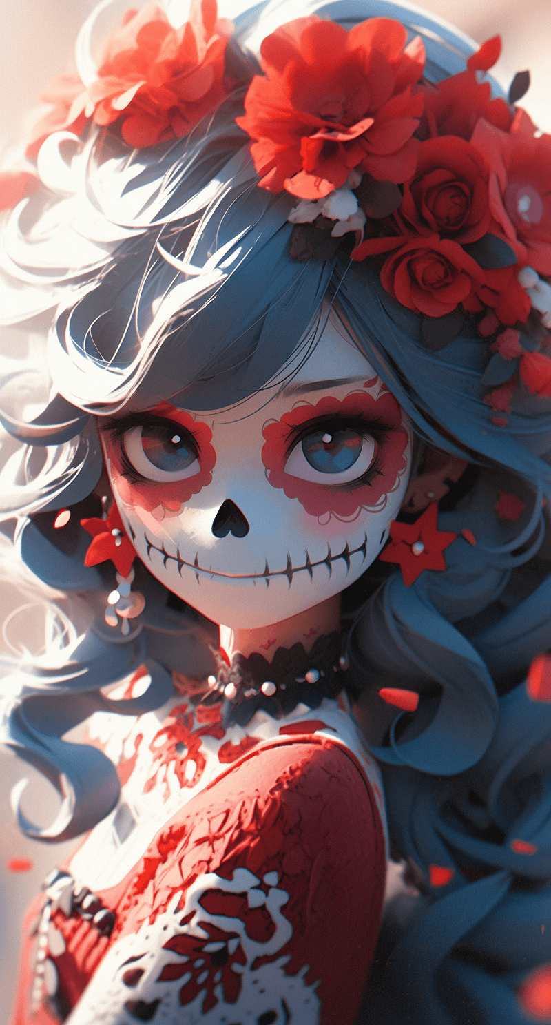 AI generated: a day of the dead female with sugar skeleton and floral hair, in the style of rendered in unreal eng...