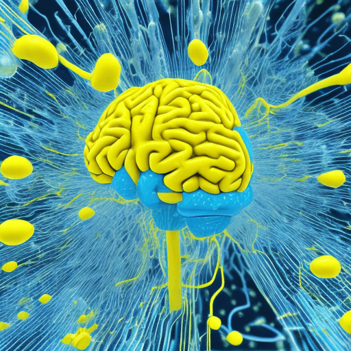 AI generated: cyber brain in blue sticky liquid with yellow objects around, scientific look, clean white space