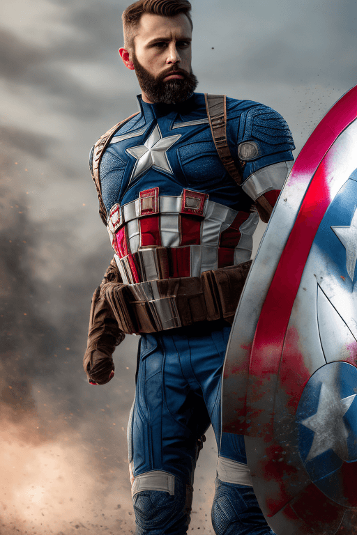 AI generated: extremely detailed photo a man wearing captain america armor lorarobertdj, stylish short beard, mode...