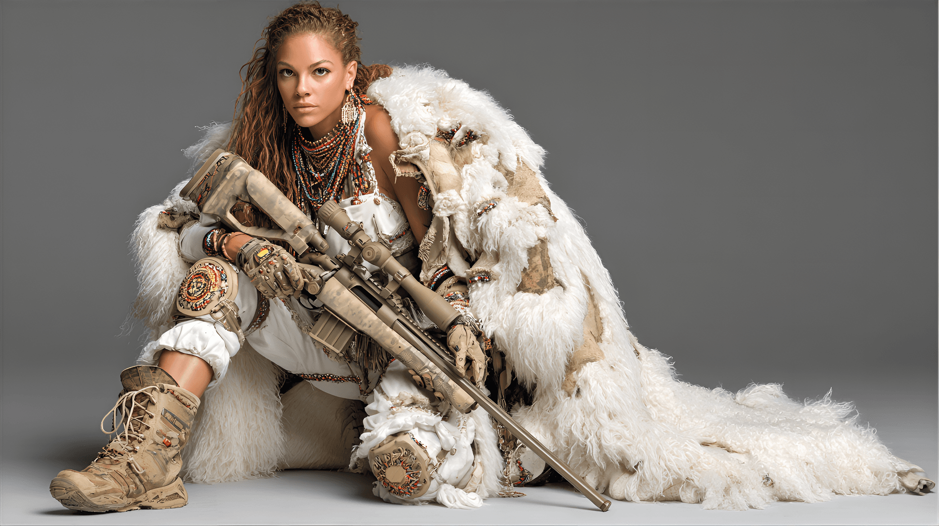 AI generated: woman kneels in a fur-lined, white coat adorned with jewelry and accessories, revealing a tactical o...