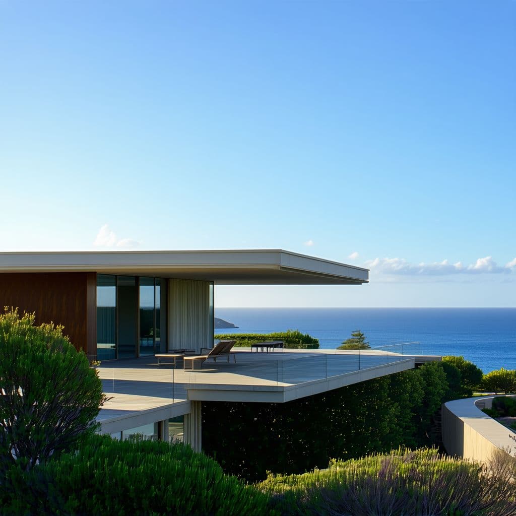 AI generated: Hyper realistic eye level exterior photo of a mid century modern style house overlooking the ocean, ...