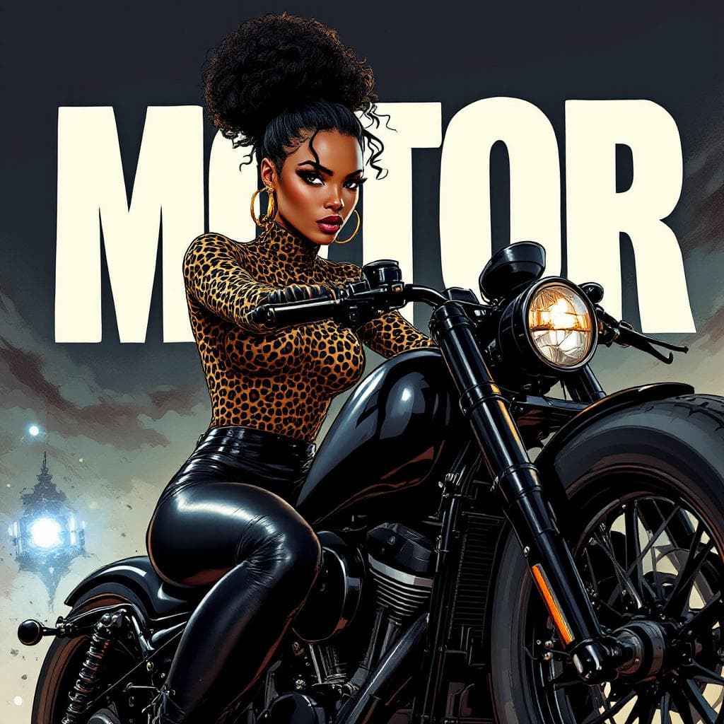 AI generated: Cartoon illustration, comic book cover featuring a gorgeous Afro-American woman, high bun dark hair,...