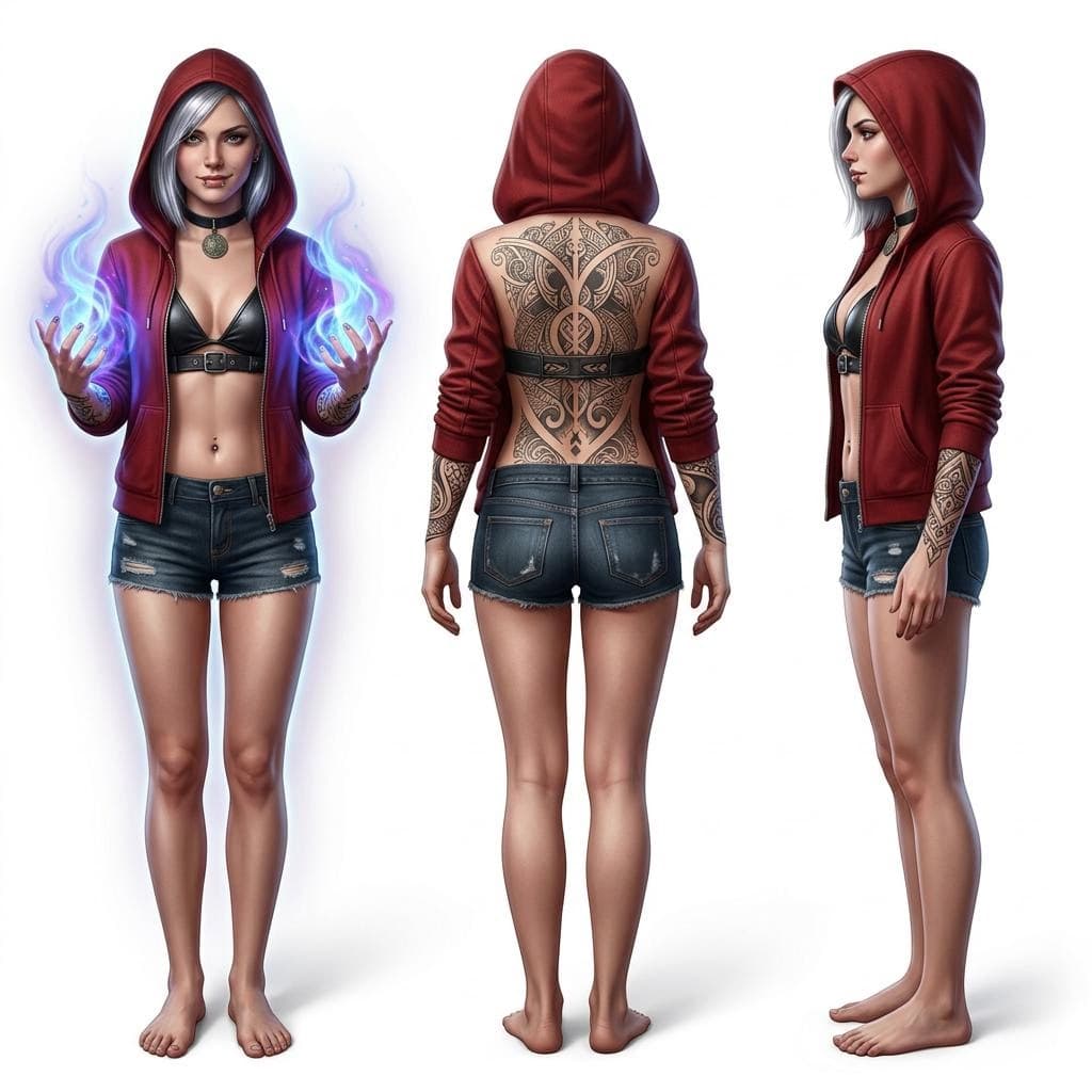 AI generated: A girl with short, shiny silver hair peeking out from under a stylish red hooded jacket, a black lea...
