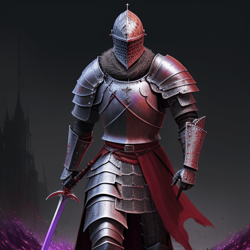 AI generated: a digital art drawing of a medieval knight wielding a one handed sword in front of him, Red and purp...