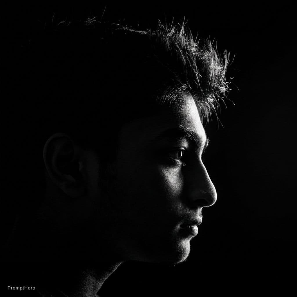 AI generated: A dramatic black and white profile portrait of a man, intense rim lighting, deep shadows, cinematic ...