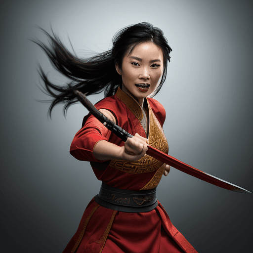 AI generated: A picture of a fearless warrior holding a sword, Disney Mulan reference, fierce and determined smile...