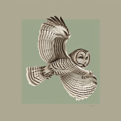 AI generated: three quarter view of a barred owl in flight in the style of a linocut