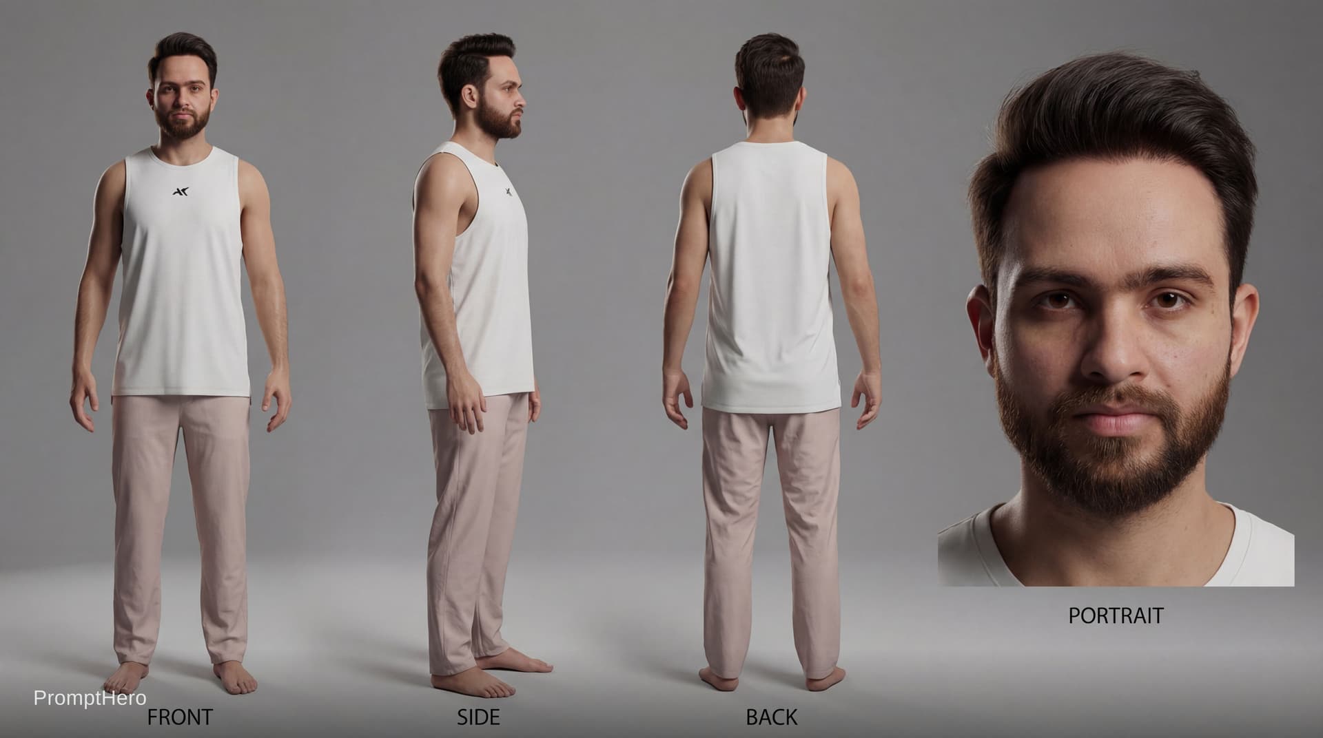 AI generated: Create a professional character turnaround sheet showing:
full body front view, side view, back view...