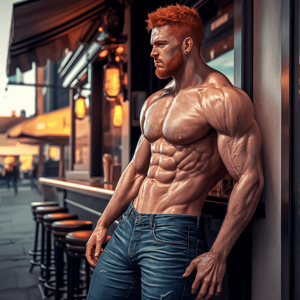 AI generated: photorealistic muscular football player with red hair and a beard, wearing tight jeans, standing out...