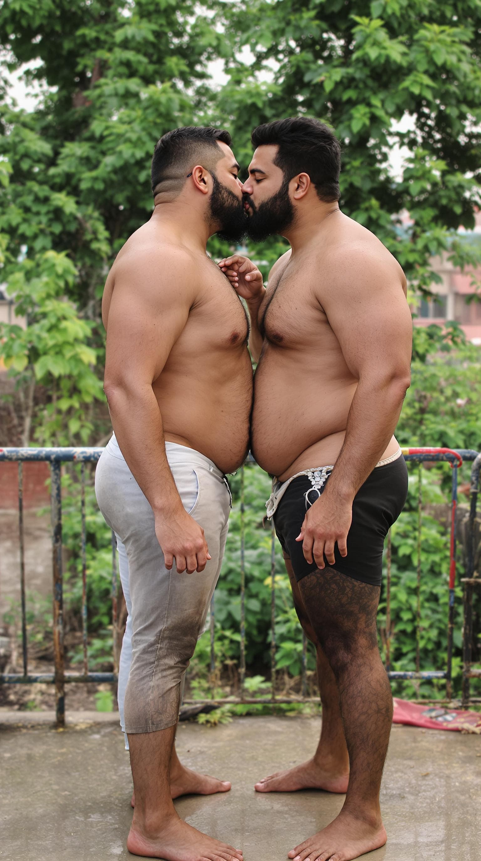 AI generated: North Indian sexy heart shaped ass man and man kissing and touching chest naked gay couple, big musc...